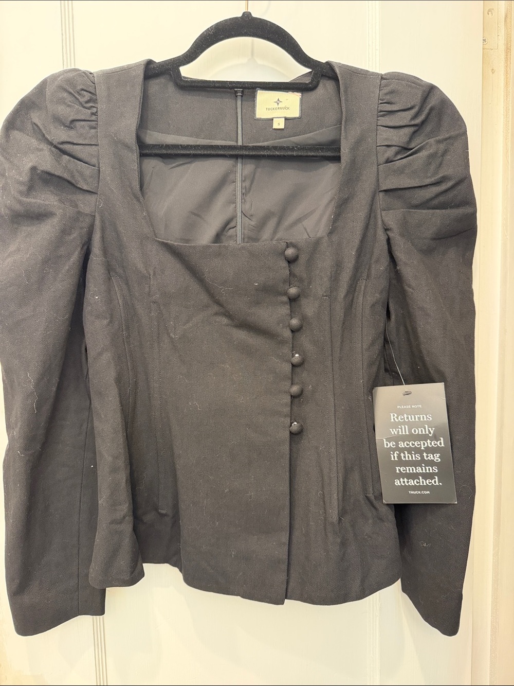 Tuckernuck Black Calla Structured Puff Sleeve Square Neck Blouse S NWT